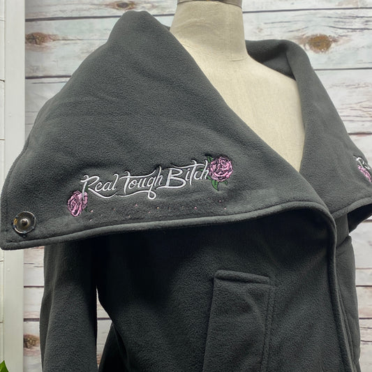 Real Tough Bitch Custom Embroidered Long Grey Asymmetrical Fleece Jacket Coat