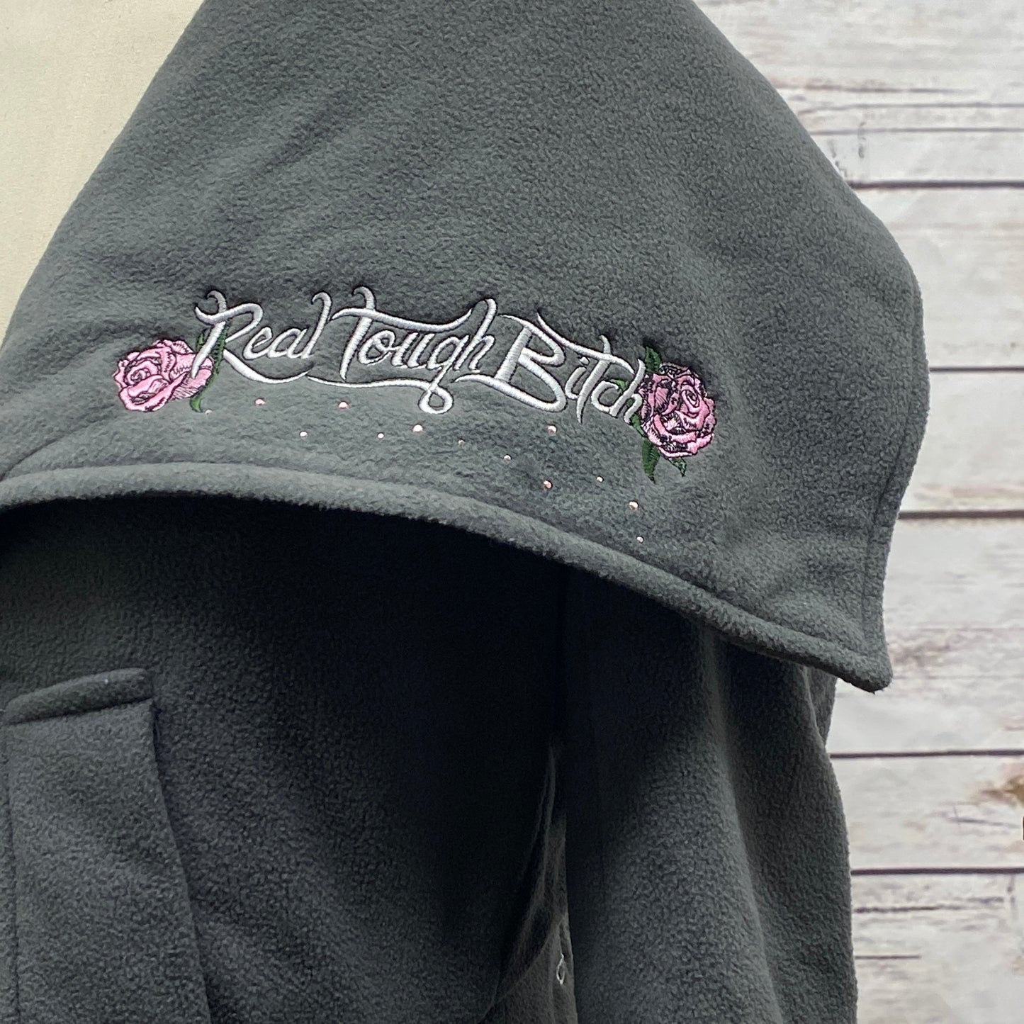 Real Tough Bitch Custom Embroidered Long Grey Asymmetrical Fleece Jacket Coat